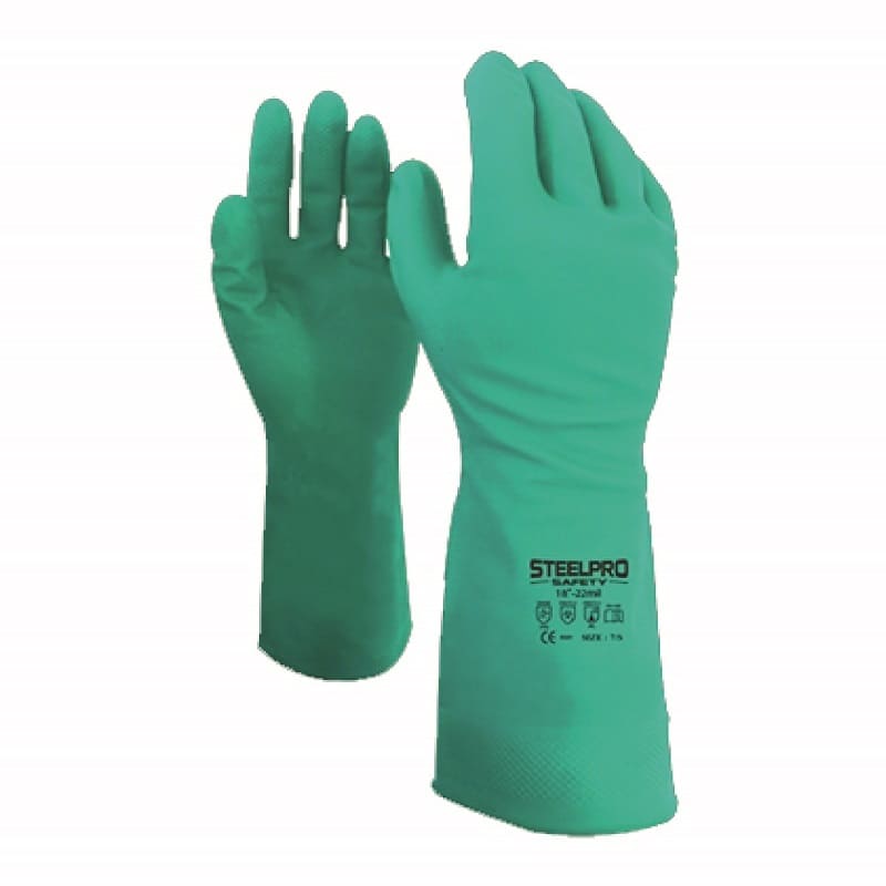 Guante nitrilo 18" verde sin flock T/9 Steelpro