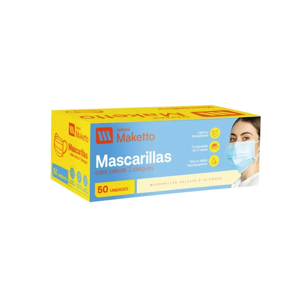 Mascarilla 3 pliegues celeste Caja 50 und Maketto