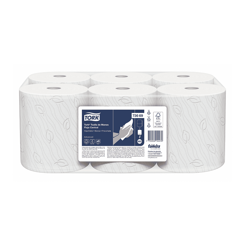 Papel toalla blanco precortado doble hoja 120 mt x 6 rollos Tork