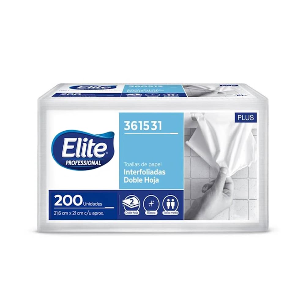 Papel toalla interfoliado Doble hoja x 200 hojas 21.6 x 21 cm Plus Elite