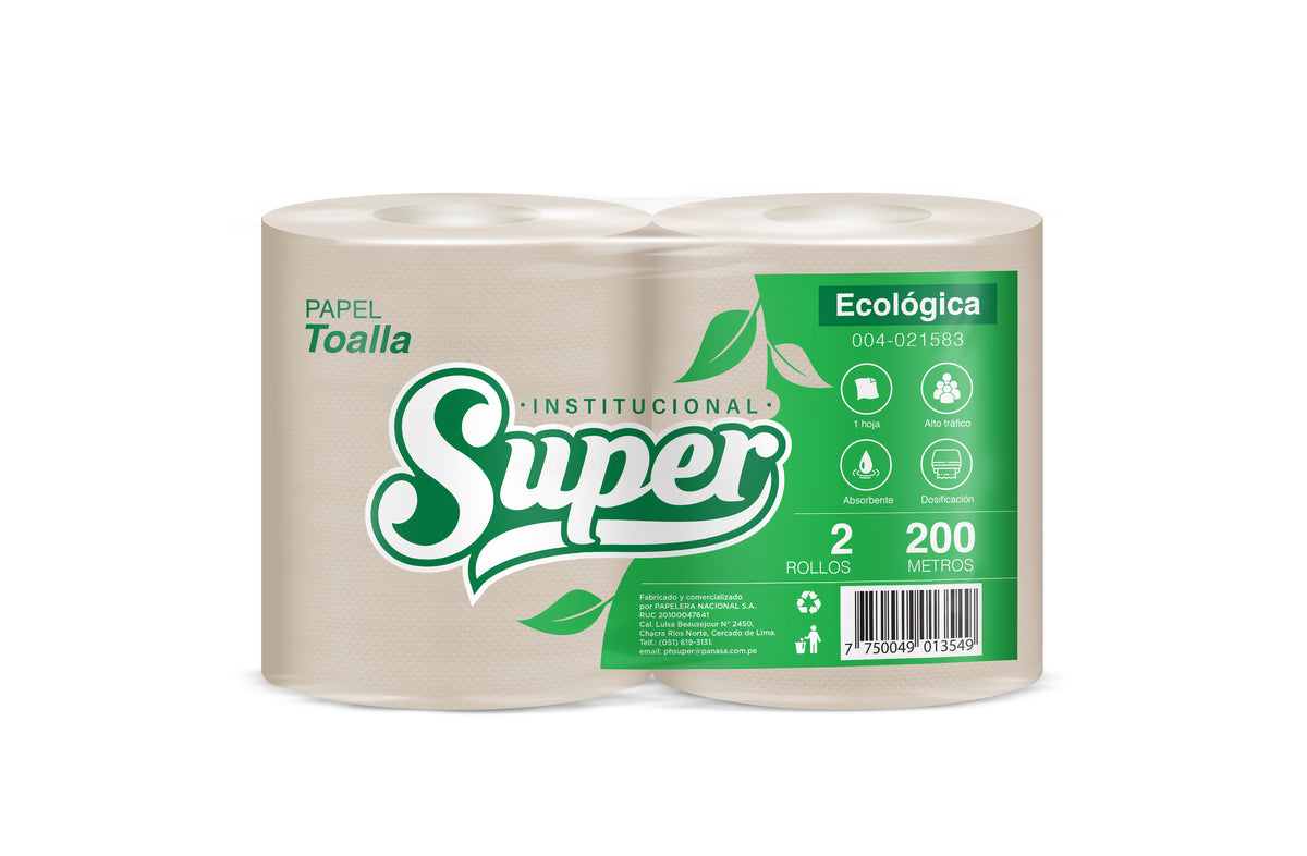 Papel toalla ecológica una hoja 200 mt x 2 rollos Super