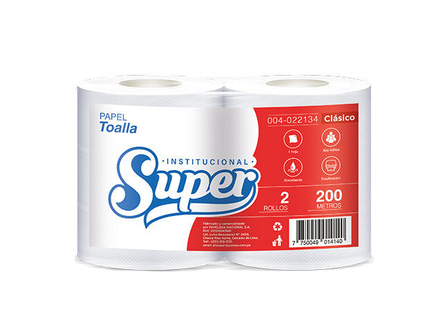 Papel toalla blanco una hoja 200 mt x 2 rollos Super Clásico