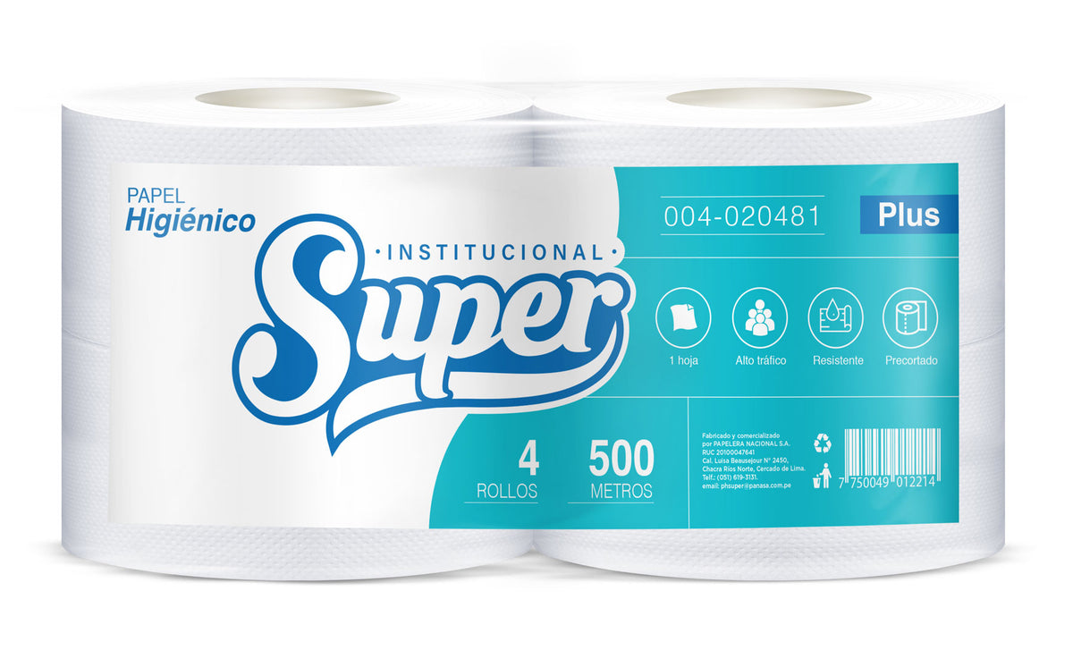 Papel higiénico blanco jumbo plus una hoja 500 mt x 4 rollos Super