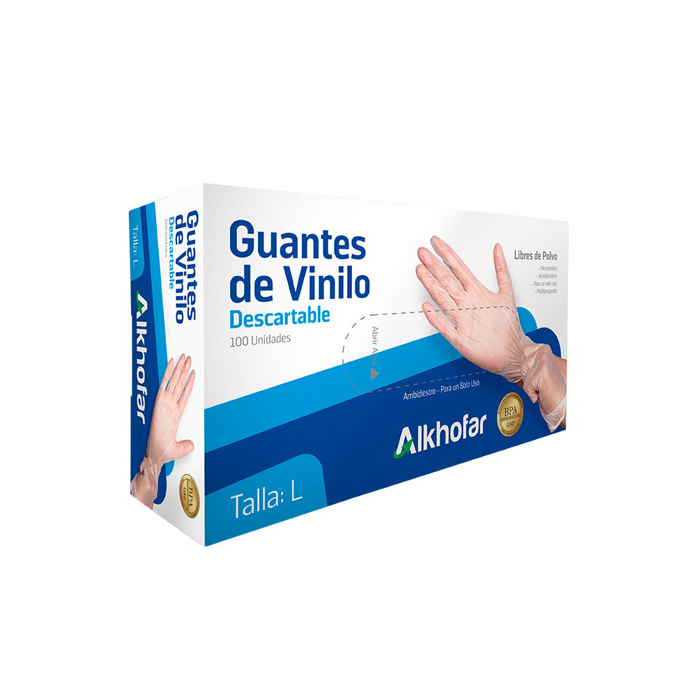 Guantes de vinilo sin polvo transparente x100 und talla L Alkhopar