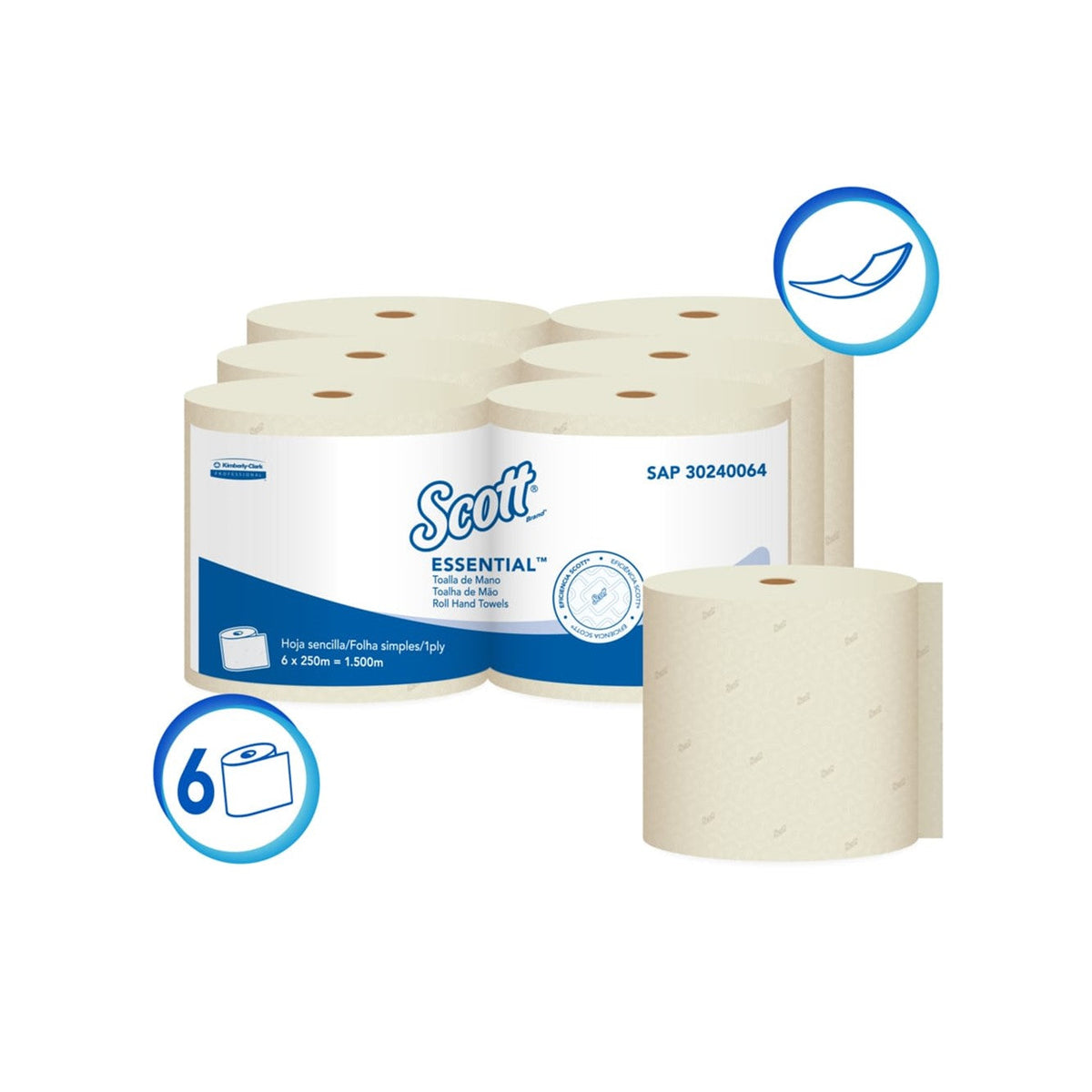 Papel toalla natural jumbo una hoja 250 mt x 6 rollos Scott