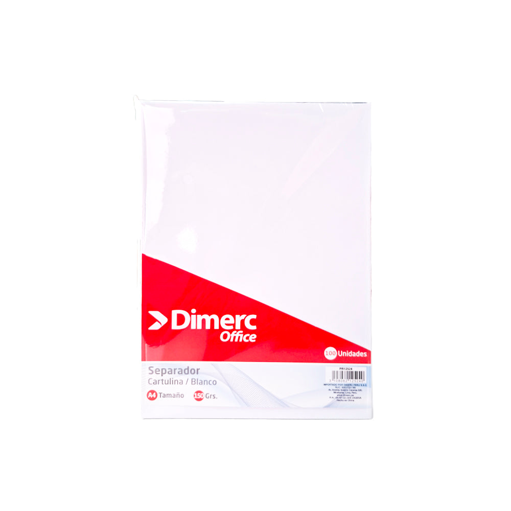 Separador cartulina A4 150 gr x 100 unidades blanco Dimerc