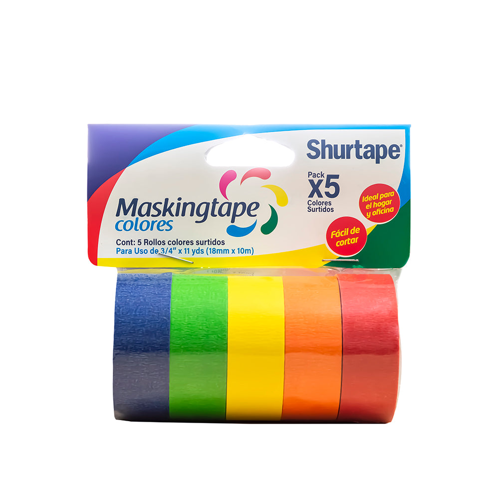 Cinta masking tape 5 colores 3/4" x 15 yd Shurtape