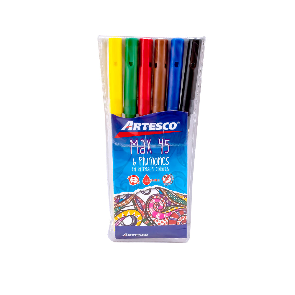 Plumones delgados max 45 estuche x 6 unidades Artesco